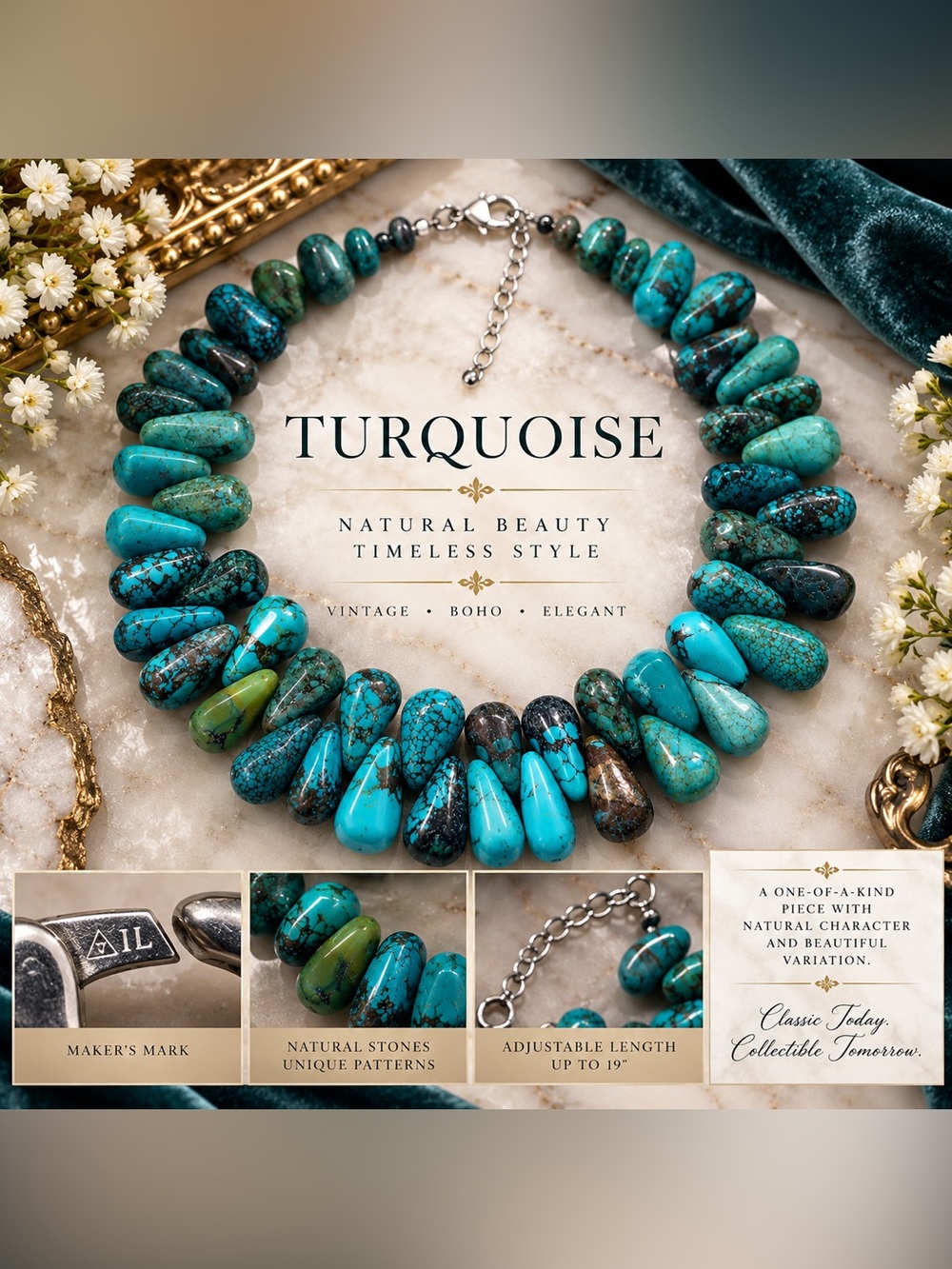 Natural Turquoise Stone Statement Necklace Sterling Silver (925) Chunky Teardrop
